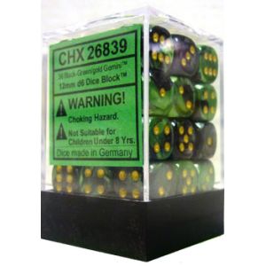 36 Black- Green w/ Gold Gemini 12mm D6 Dice Block